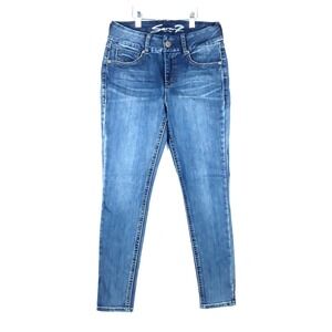 Seven7 Womens Blue Skinny Jeans 8 Mid Rise Y2K Embroidered Pocket Denim Grunge